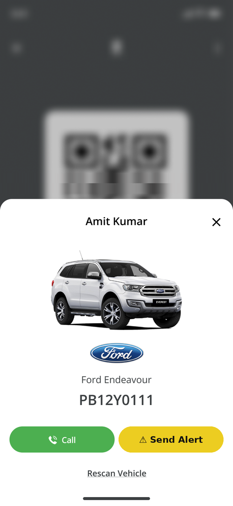 Owner details after scanning the QR, with Call and Message buttons